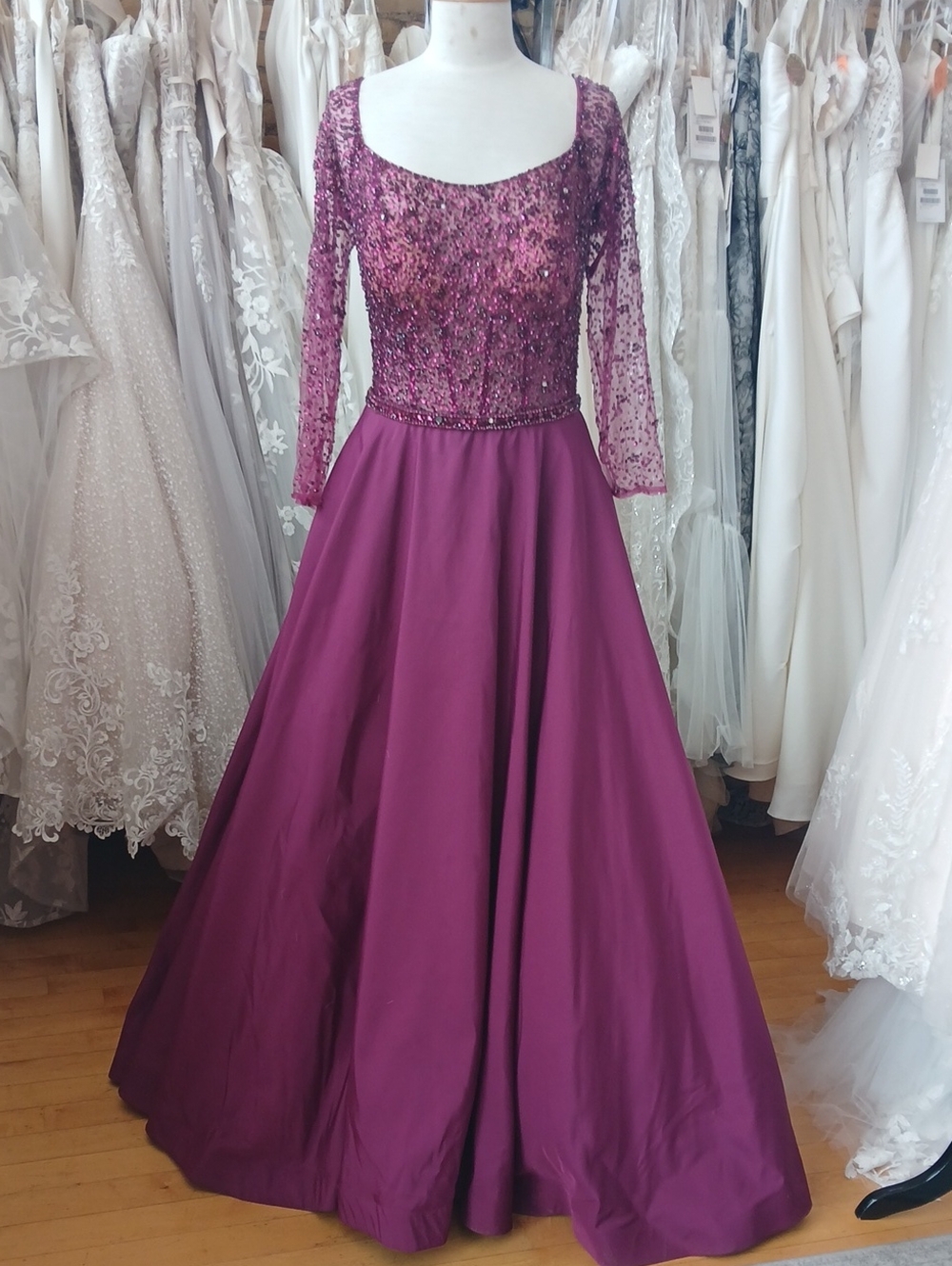 Elegant Long Sleeve Beaded Ball Gown Dress in Deep Magenta